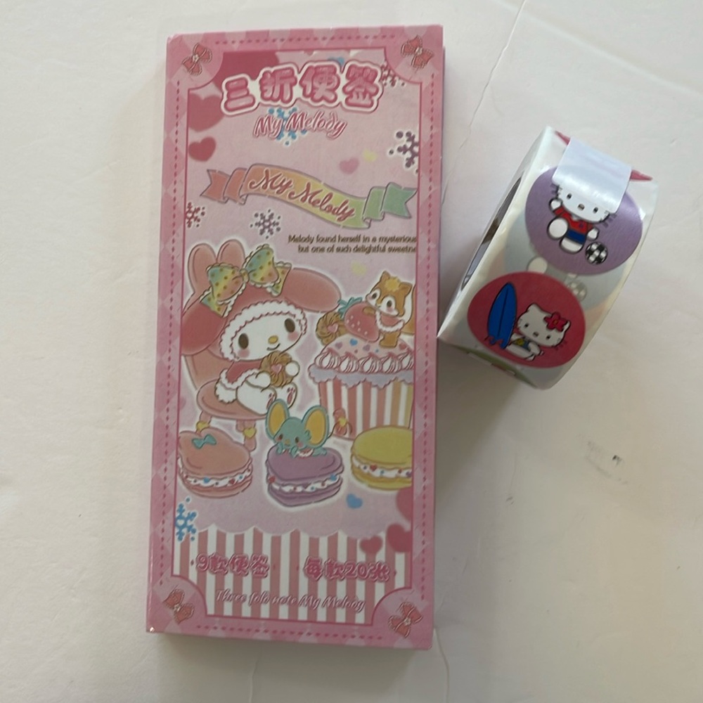 MY MELODY NOTE PADS AND HELLO KITTY STICKER ROLE NWT